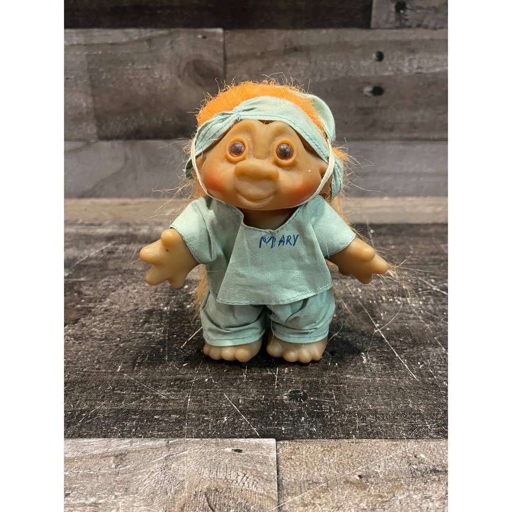 Vintage 1986 Russ Berrie Dam Troll Doll Nurse Doctor Mary Scrubs Orange Hair
